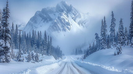 Snowy Mountain Road Leading to Misty Peaks and Pine Forest..