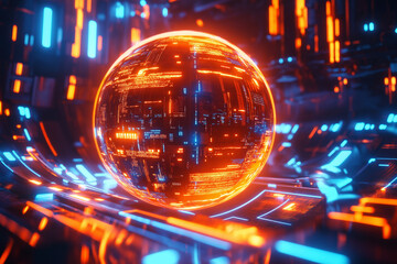 Abstract glowing circuitry glowing orange and blue background    