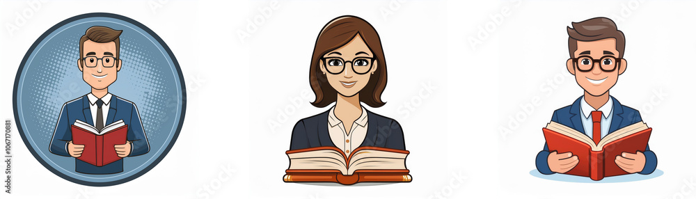 Poster three cartoon characters in business attire are reading open books.
