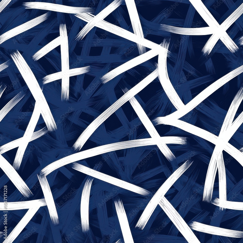 Poster a modern abstract pattern featuring white brush strokes over a deep navy background, creating a dyna