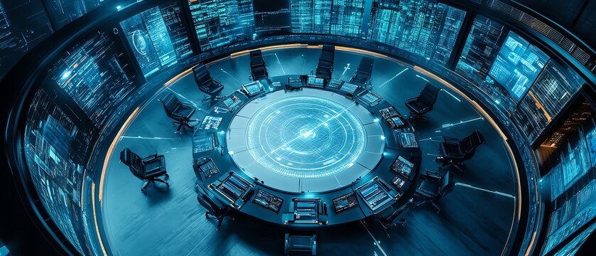 Produce an aerial view of a high-tech conference room, showcasing a sleek, futuristic design with digital interfaces and large screens - Powered by Adobe