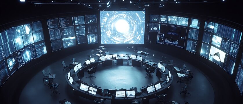 Produce an aerial view of a high-tech conference room, showcasing a sleek, futuristic design with digital interfaces and large screens