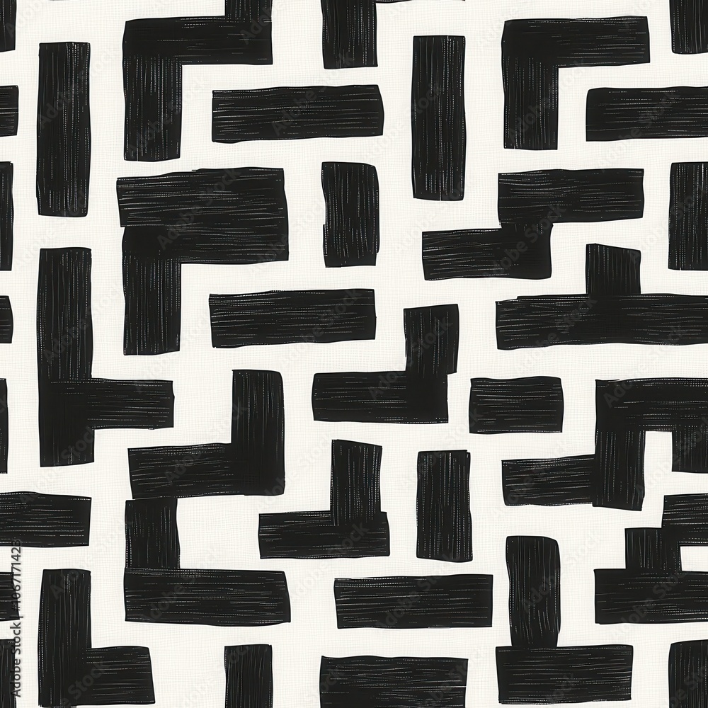 Poster a repeating black and white pattern featuring abstract geometric shapes, consisting of rectangles an