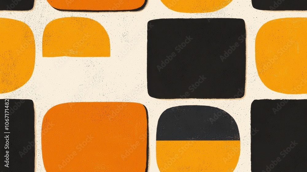 Poster a vibrant abstract pattern featuring orange, black, and cream shapes, creating a modern artistic des