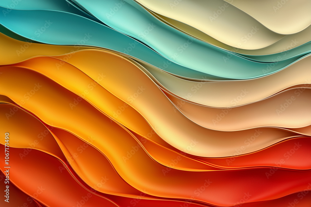 Poster a vibrant display of curved fabric layers in various colors, creating a visually engaging compositio