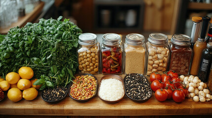 Stylish kitchen setup with fresh ingredients, cooking and health-conscious lifestyle