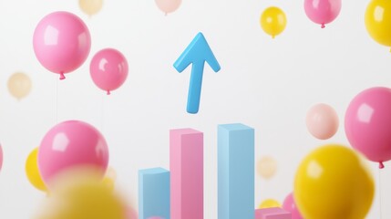 3D Isometric Bar Graph Icon with Upward Blue Arrow and Colorful Balloons on White Background