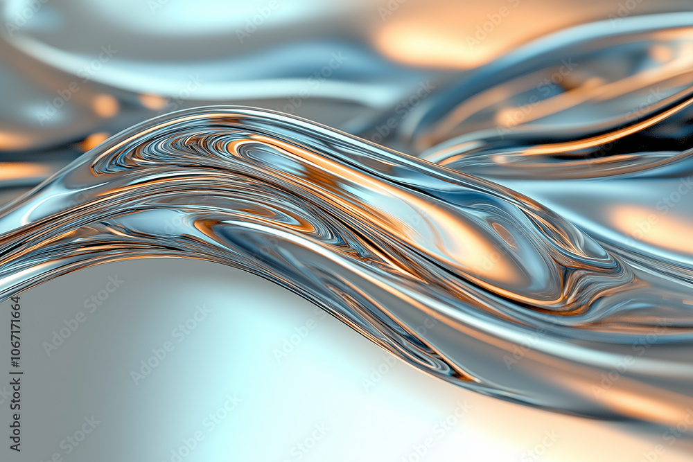Poster a shimmering, abstract wave of metallic and reflective surfaces, creating a fluid visual masterpiece