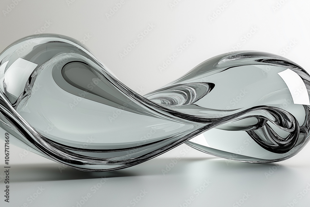 Poster a sleek, modern sculpture showcasing fluid, twisting shapes that highlight transparency and reflecti