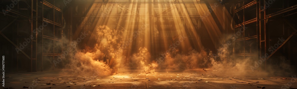 Aufkleber a dimly lit space filled with dust, illuminated by dramatic rays of light streaming through, creatin