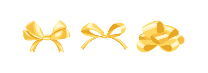 Golden satin ribbon bows. Set of vector cartoon illustrations.