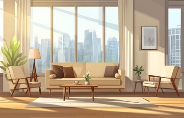Modern Living Room with City View and Sunlight