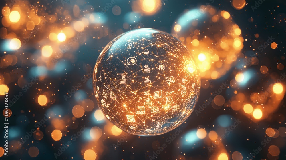 Poster interconnected 3d spheres with floating beams of light