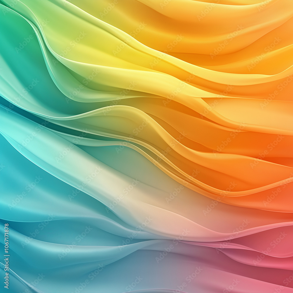 Poster a vibrant wave of colorful, flowing fabric gradients from turquoise to orange, creating a dynamic an