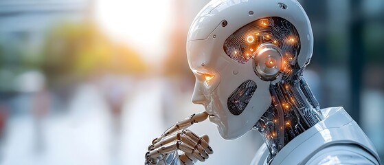 Fototapeta premium Advanced Cyborg with Human like Features and Glowing Circuits Stands on a Street Showcasing Futuristic Technology and Intelligence Concept Digital 3D Render Surreal and Visionary