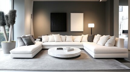 Modern Living Room with White Sectional Sofa and Marble Coffee Table