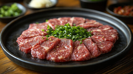 Fototapeta premium Thinly sliced beef in a hotpot setup, raw and fresh, ready for cooking