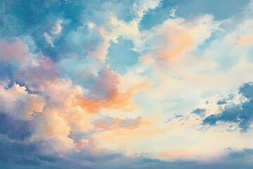 Vintage Watercolor Background with Soft Pastel Sky and Detailed Clouds at Sunset
