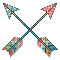 A drawing of a pair of swords with a red and blue arrow on the front.