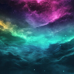 A vibrant cosmic scene featuring swirling colors of purple, green, and blue, resembling a galactic ocean under a starry sky.