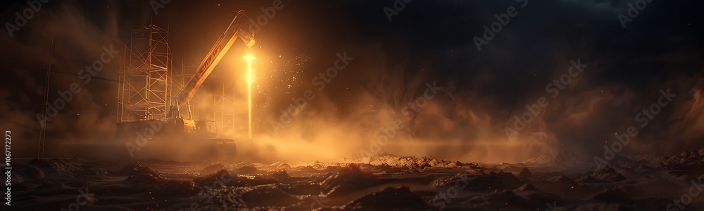 Poster a dramatic scene featuring a glowing light illuminating a foggy landscape, creating an atmosphere of
