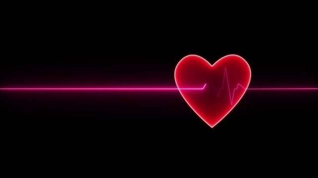 neon heartbeat and pulse rate on black background. Heart bit signal animated in love shape.
