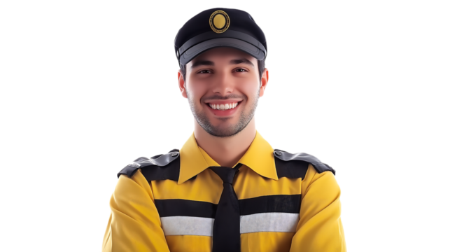 photo of young smiling taxi driver isolated on white background


