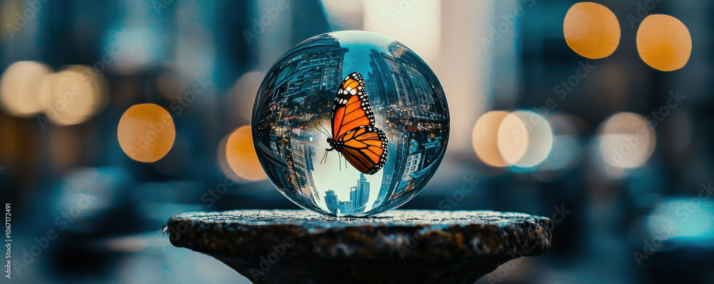 Poster a mesmerizing image of a butterfly encased in a crystal orb, reflecting a dreamy urban backdrop with