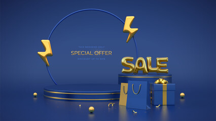 Stage podium with gold lightning bolt icon. Flash sale promotion. Mega sale special offer. Golden Sale balloon word. Discount shopping. Blue product podium with gift box, shopping bags. Vector.