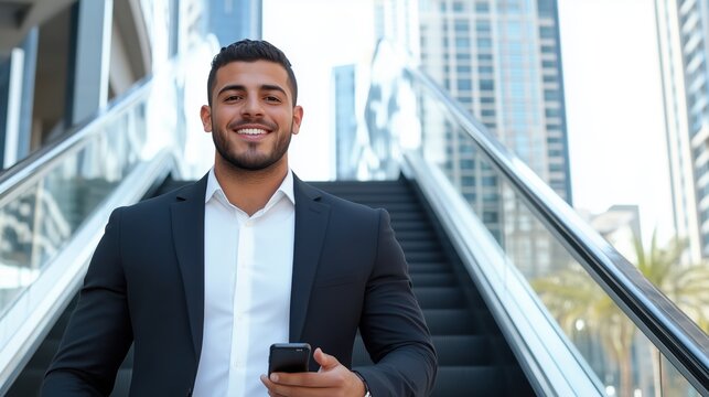 Confident businessman descends escalator with smartphone in vibrant urban setting
