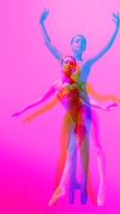 Young girl, ballet dancer gracefully dancing, with overlay of pink, green, and orange tones. Elegance and beauty of ballet movement. Contemporary art collage. Concept of art, dance