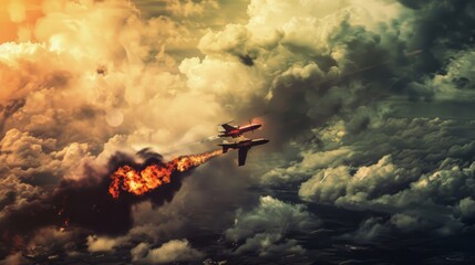 Fototapeta premium Aerial View of Military Aircraft Dropping Bombs on Distant Target with Smoke and Fire