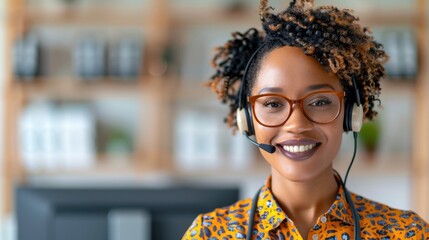 Smiling Woman with Glasses and Headset Working in a Modern Office