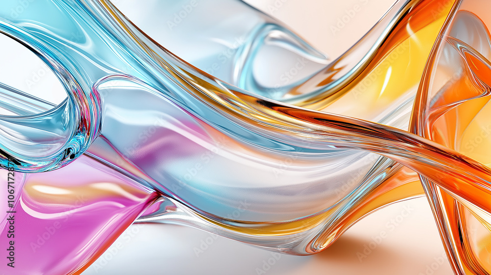 Poster a vibrant swirl of translucent, colorful materials creating a fluid, abstract composition with a pla