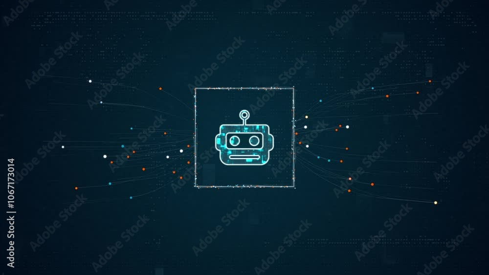 Poster motion graphic of blue digital robot head ai assistant logo with particles dot spread on abstract ba