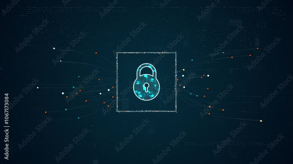Poster motion graphic of blue digital security key logo with particles dot spread on abstract background wi