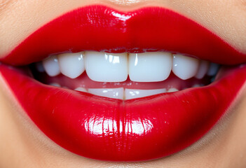 Obraz premium Closeup of red lips with a bright smile showing white, glossy teeth. Perfect for dental care or beauty concepts.