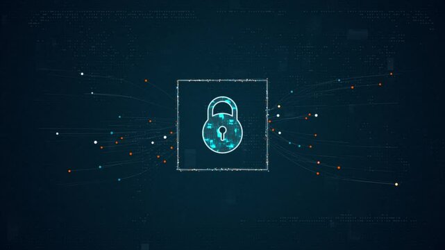 Motion graphic of Blue digital security Key logo with particles dot spread on abstract background with network firewall technology and data secure concept