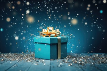 Blue gift box with a red bow on festive bokeh blue background with confetti.