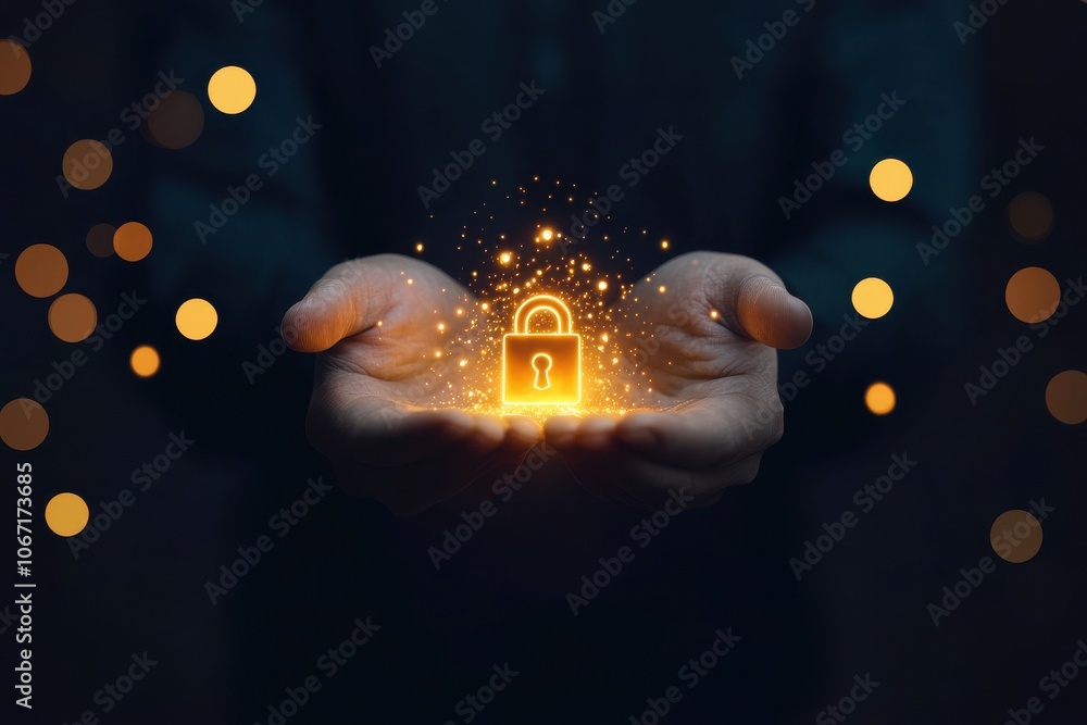 Poster businessman showcases glowing lock symbolizing data encryption in cybersecurity concept