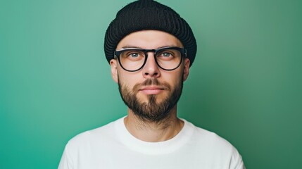 Fototapeta premium Stylish Bearded Man in Beanie and Glasses Against Green Background