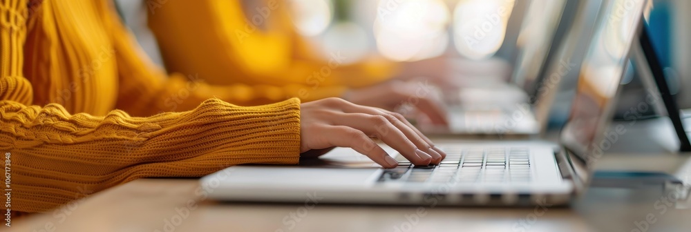 Poster hands typing on laptops in a row with focus on yellow sweaters