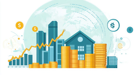 Fototapeta premium a vector illustration focused on investment or urban growth, with elements buildings, currency symbols ,financial metrics