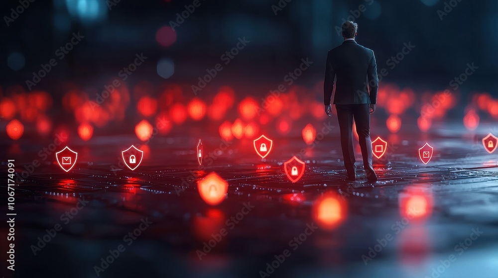 Poster businessman navigates secure data environment with cybersecurity standards