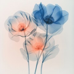 X-Ray Style Bouquet of Three Flowers with Blue and Coral Colors on White Background