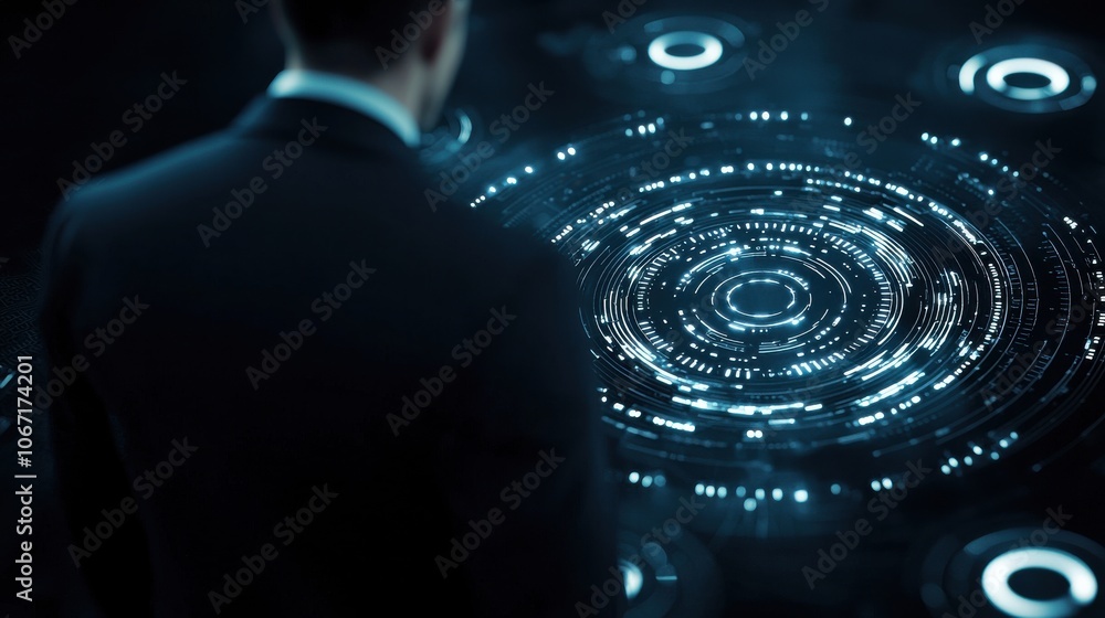 Poster businessman in suit navigates secure data symbols in cybersecurity concept