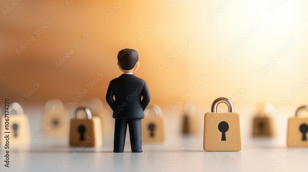 Poster businessman in tech space safeguards data with secure cybersecurity symbols and strategies