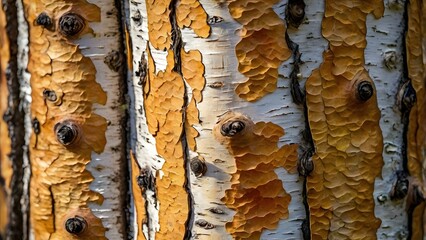 A close-up of a birch tree’s bark, with thin, papery layers peeling back in soft, warm light.