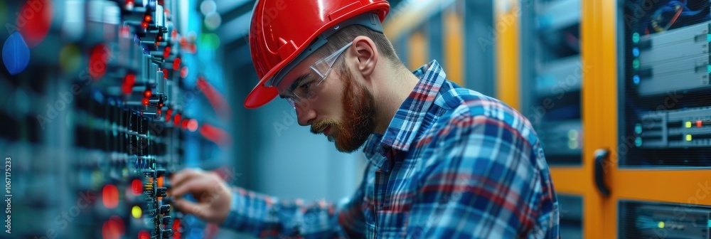 Poster focused technician in red hard hat working on server rack in data center