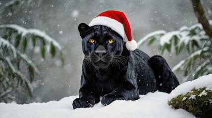 black panther in a Christmas hat against the backdrop of a decorated Christmas tree. Cozy winter atmosphere of celebration, warmth, and magic.